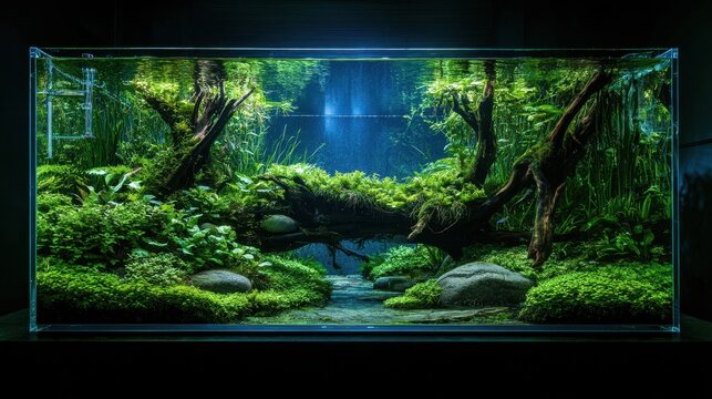 Calm green nature aquarium scene with carefully arranged stones, wood, and dense vegetation