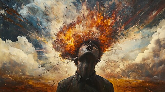 Abstract painting of a person with fiery hair exploding against a cloudy sky.