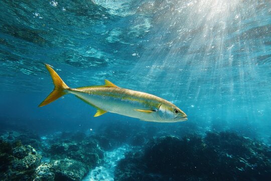 Yellowtail kingfish swimming in turquoise open sea, luminous light beams and coral backdrop
