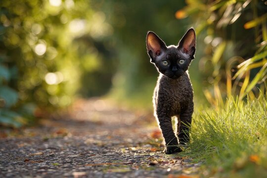 Curious Devon Rex kitten strolling along a grassy garden path under warm daylight