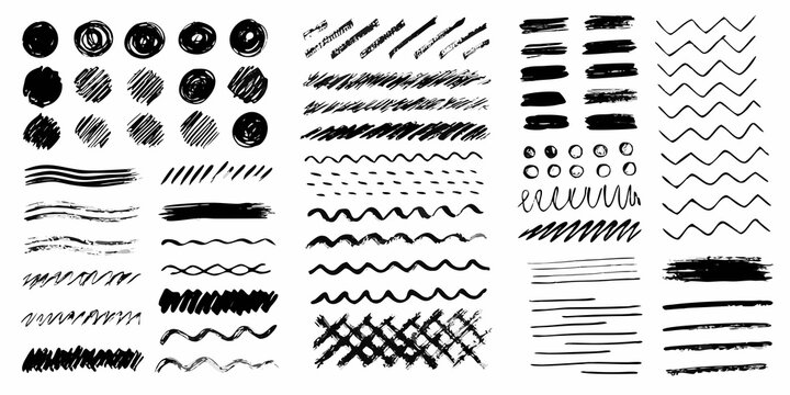 Collection Of Black Brush Strokes And Line Patterns On White Background
