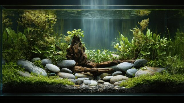 Natural freshwater aquascape with lush green plants, driftwood, and stone hardscape in a glass aquarium