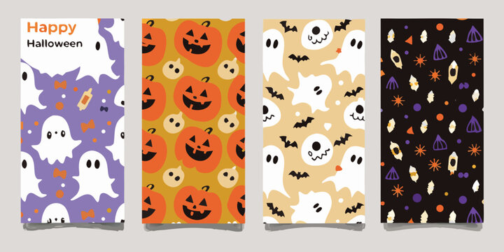 Halloween Pattern Collection Ghosts Pumpkins Bats And Stars Vector Illustration