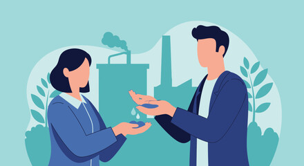 Obraz premium Industrial Pollution vs. Conservation: People Saving Water Drops