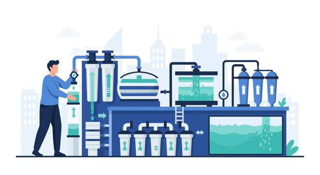 Man operating water purification plant, industrial water treatment process