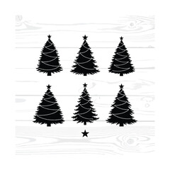 Obraz premium Set of six black silhouette Christmas trees with stars and string lights on a wooden background, perfect for holiday designs.