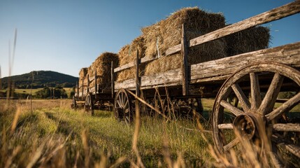 Obraz premium Rustic old wooden hay wagon in a sunlit countryside field with stacked hay bales