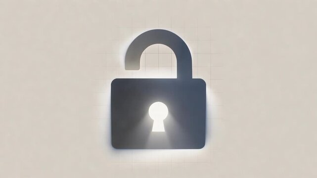 Unlocked padlock icon with glowing keyhole in minimalistic style on soft light background, representing security open access