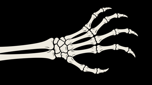 Detailed anatomical illustration of a human hand skeleton showing bones and joints against a black background