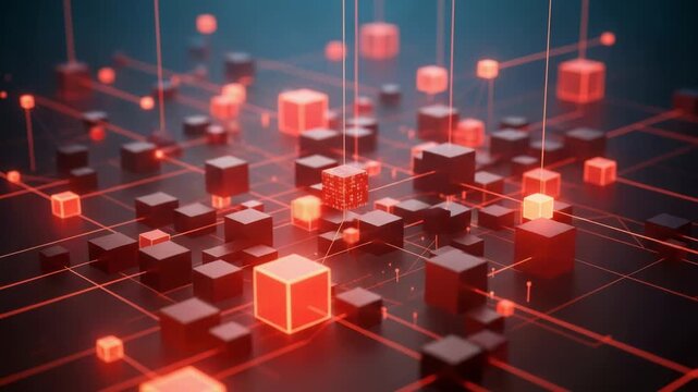 Complex digital data network with glowing cubes