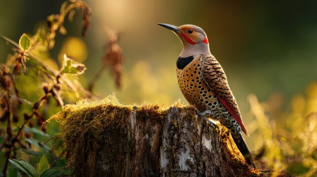 Forest bird portrait: red-shafted northern flicker on a mossy stump with warm light