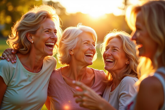 Group of happy senior women laughing together in the park at sunset