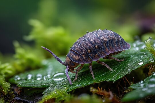 Natural scene of a pill bug exploring leaf litter in soft focus