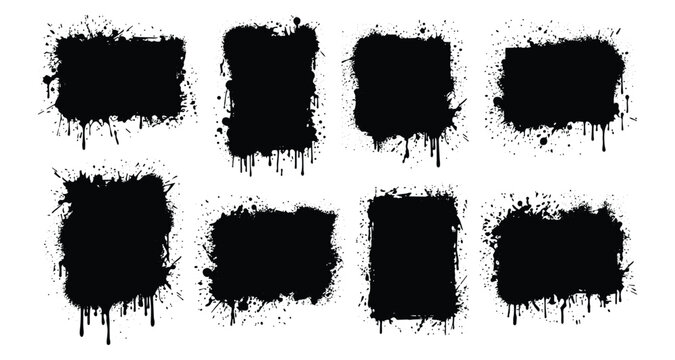 Set of black grunge rectangular ink splatter frames with paint drips
