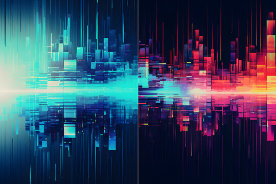Abstract blue and colorful wave background with glowing light lines, digital spectrum energy, music equalizer pattern, rainbow neon glow vector design wallpaper
