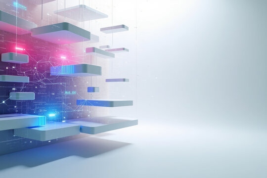 Abstract digital tech background featuring floating platforms and neon data networks