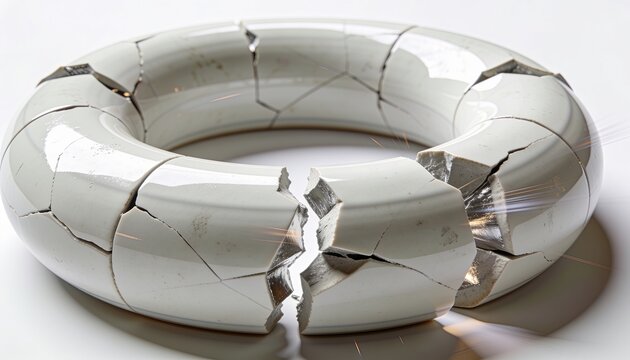 isolated futuristic torus object made of fractured ceramic segments reconnecting themselves, self healing technology concept