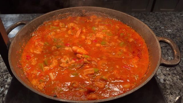 Vegetables and seafood simmered in tomato sauce, rich stew, Mediterranean flavors, tender chunks, aromatic herbs.