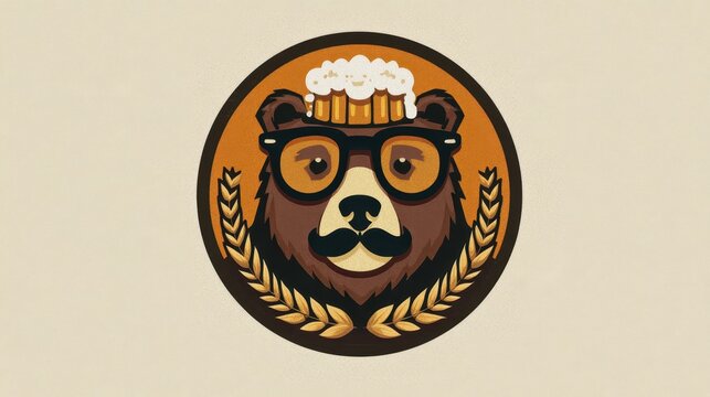 Minimalist mascot badge: bear head in bold glasses with beer-inspired accents