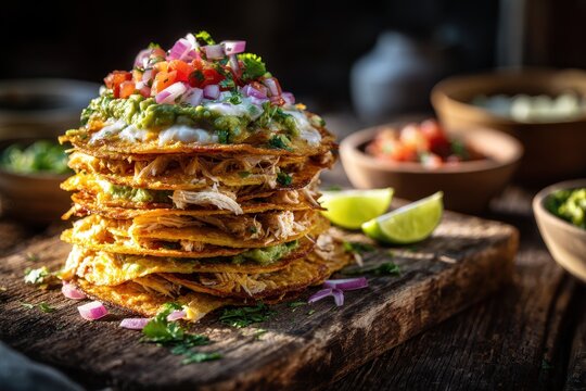 Mexican-inspired crispy tostadas with chicken, avocado and fresh toppings on a warm wooden backdrop