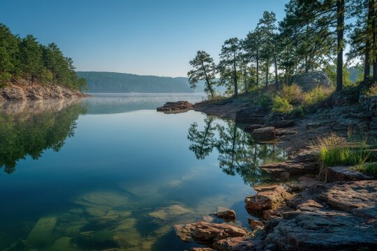 Wide view of Broken Bow Lake, Oklahoma with forested shoreline and distant bluffs