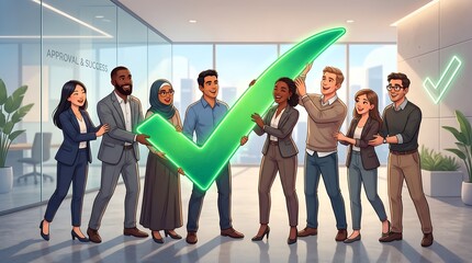 Fototapeta premium Diverse team holding giant checkmark symbol, approval and success concept banner