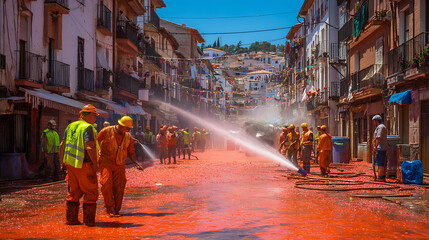 Fototapeta premium Firefighters battling street blaze in historic European town with dramatic smoke and sunset glow