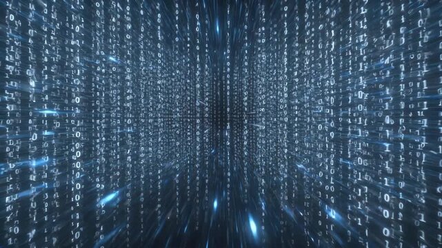 Bright binary digits with radiant blue beams in a futuristic style on a dark background, concept of fast data flow and digital speed