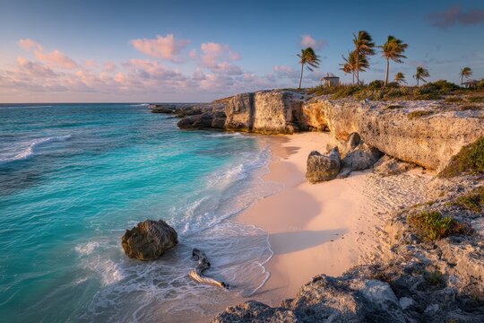 Untouched Mudjin Harbor Coastal Scene, Middle Caicos &acirc;&euro;&rdquo; Limestone Cliffs, Calm Sea, and Secluded Beach