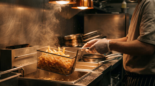 Professional chef cooking golden crispy french fries in metal basket above hot deep fryer inside commercial restaurant kitchen environment with warm lighting and rising cooking steam.