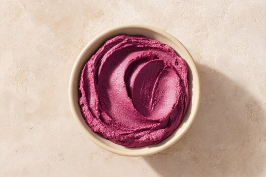 Minimalist food photography of pink beet hummus served in a simple ceramic dish against a pale backdrop