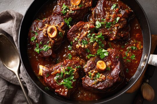 Overhead view of braised veal shanks in a pan, warm caramel sauce and herb garnish