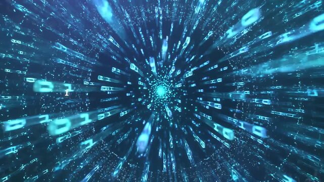 Blue binary particles shaping a swirling data tunnel in digital style on dark background, concept of information flow and technology