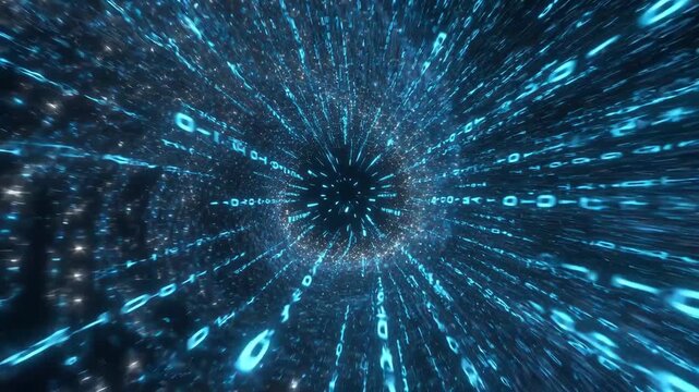 Glowing blue data swirling through a digital tunnel in a futuristic style on a dark background, concept of cyberspace and speed
