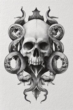 Nautical creature anatomy illustration: octopus skull with curling tentacles in dramatic chiaroscuro