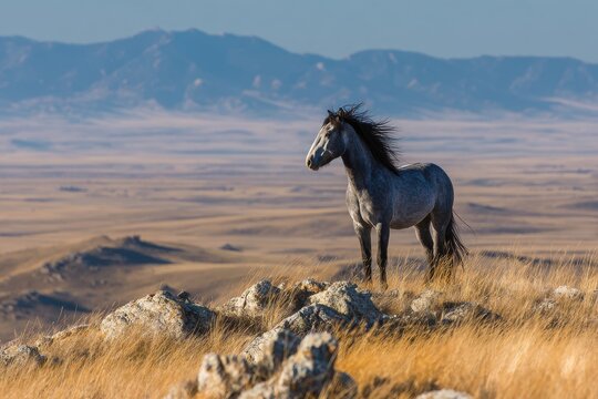 Wild Horse Portrait on Rugged High Country with Distant Mountains, USA