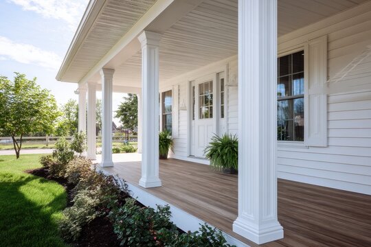 Residential porch with white wood-look vinyl columns, paneling, and overhanging soffit