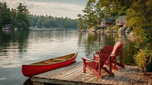 Two Adirondack chairs on a Muskoka dock by a calm lake with a tied red canoe and tree-lined cottages