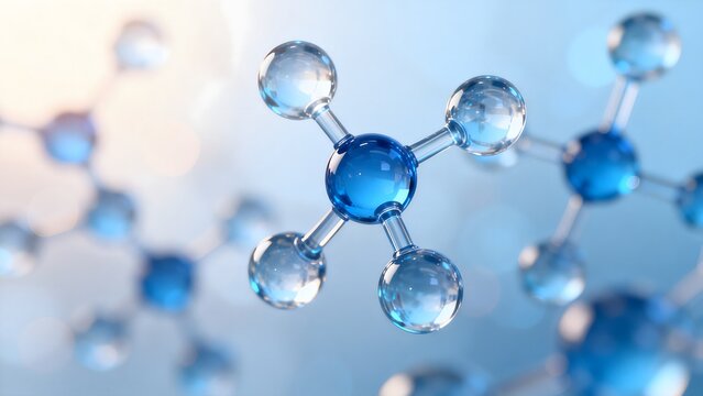 Molecular structure with blue and clear spheres