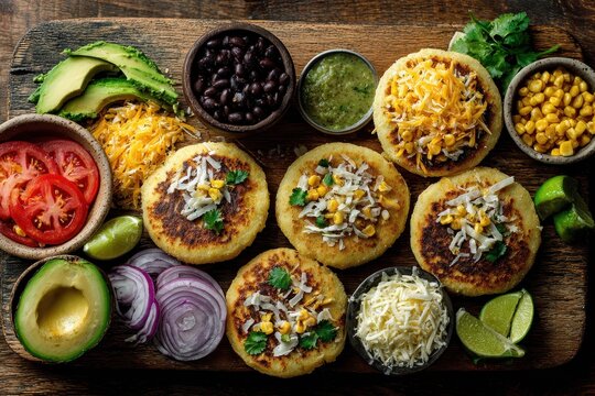 Top-down flat lay of arepas with vibrant fillings on a rustic wooden board