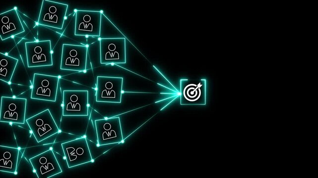 target and neon box animation connection linkage with human icon for customer focus target group and customer relation management concept.