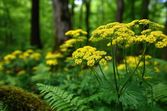 Quiet Spring Woodland Scene: Golden Alexanders in Green Understory