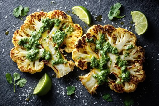 Cauliflower steak with cilantro lime sauce on a dark slate background