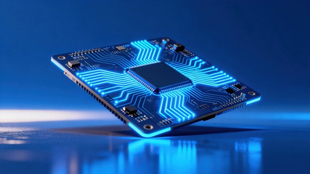 Circuit board with glowing blue lines