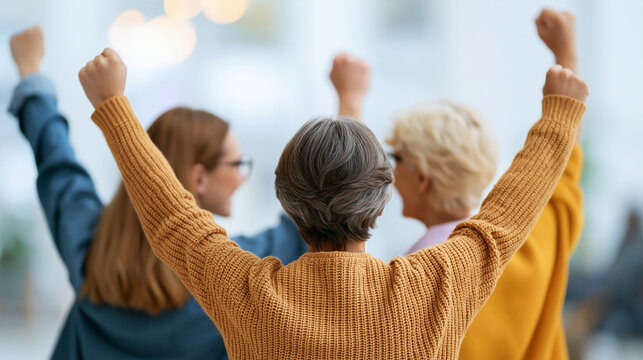 Faceless three women of different generations cheering excitedly together, shared joy across ages, defocused bright background, multigenerational celebration concept photography,