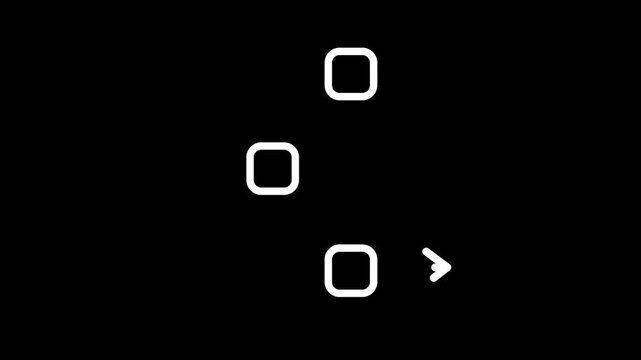 Minimalist white menu icon animation, rounded squares and arrow on black background, user interface navigation element, digital apps drawer graphic, flat design, commas.
