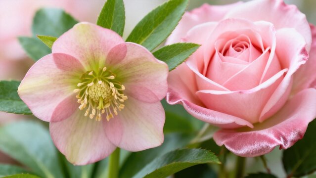 Pink flowers with green leaves