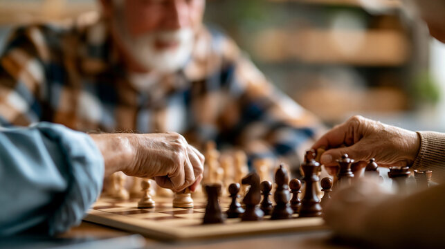 Faceless senior people playing chess together in a cozy living room, focused engagement and friendly competition, defocused living room interior in background, senior leisure