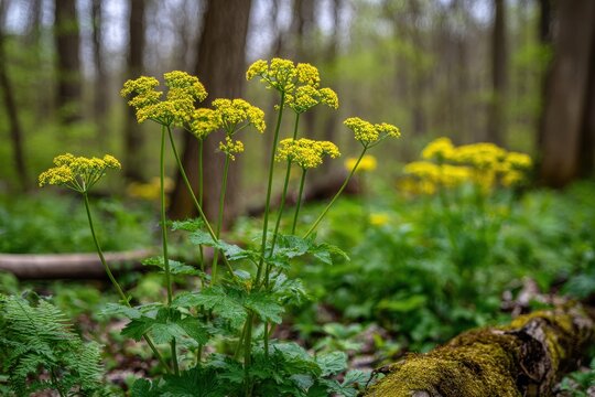 Sunlit Forest Floor with Golden Alexanders in Illinois