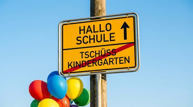 A signpost saying hello school and goodbye kindergarten with colorful balloons